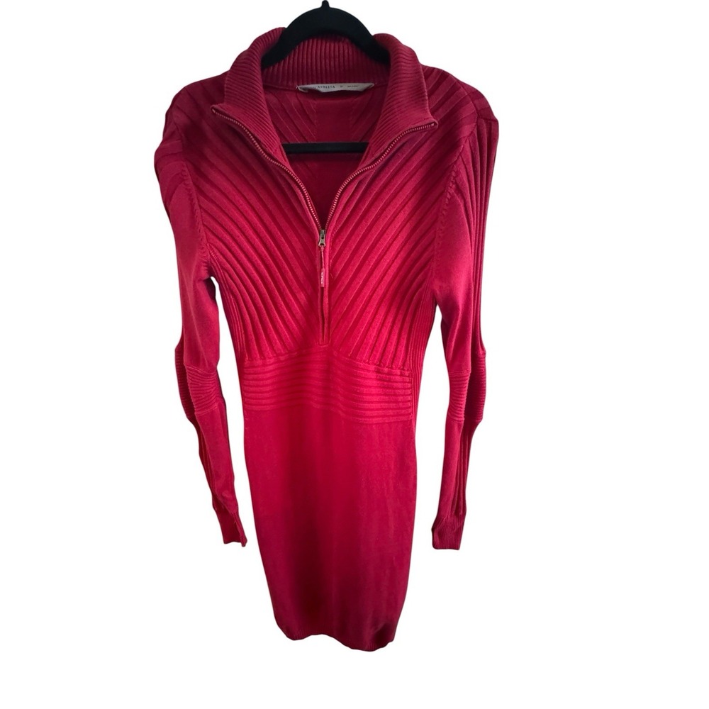 Athleta Red Ribbed Half Zip Knit Short Dress Sz Medium Chest Diagonal Texturing